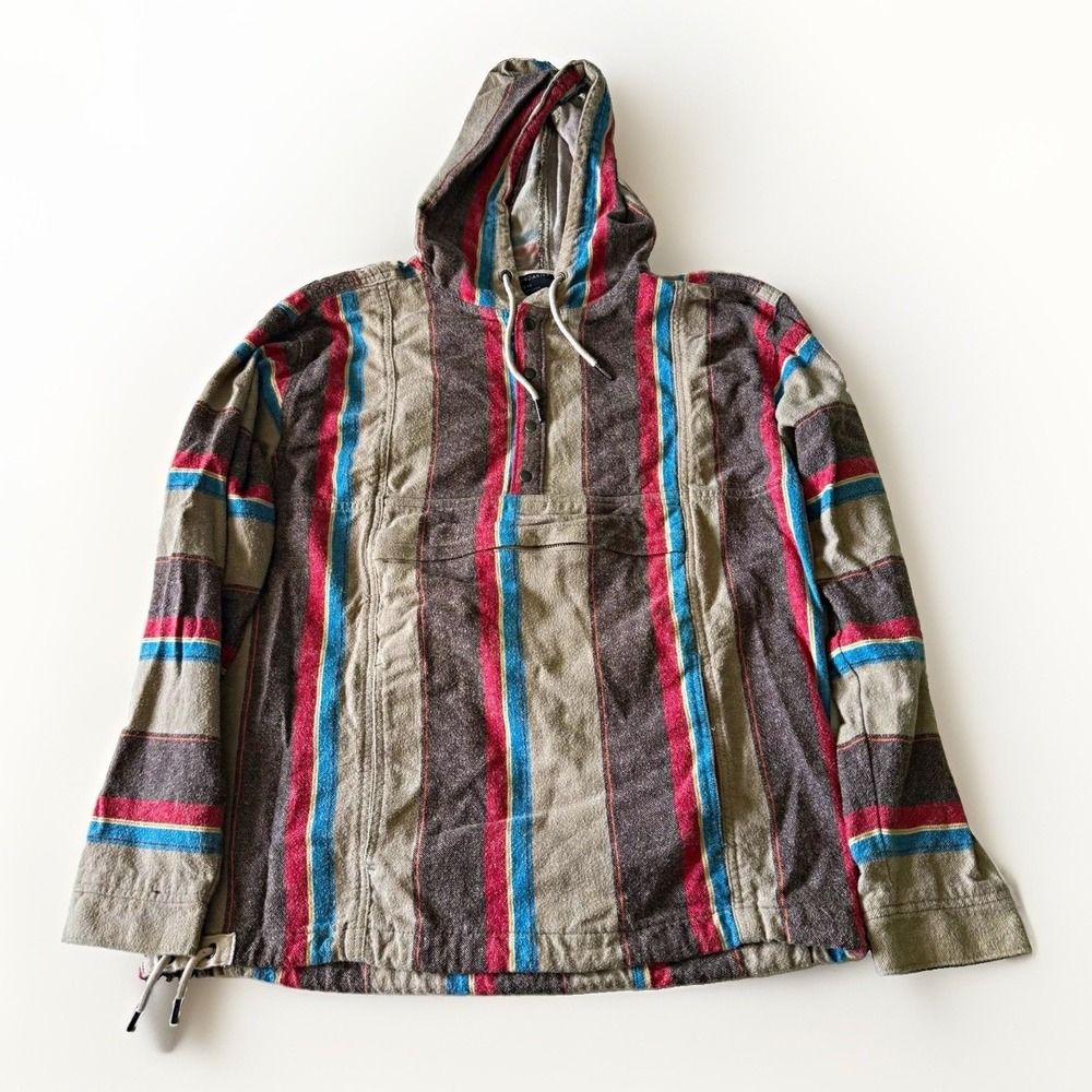 Vtg No Boundaries Y2k Baja Pullover Snap Striped Boho Hoodie Men M Skater Beach